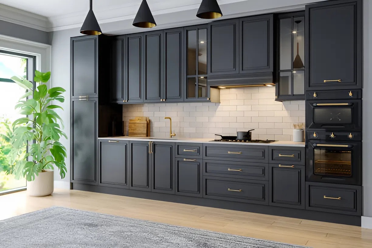 Matte charcoal kitchen cabinets with smooth sprayed finish by a cabinet painter in Prosper, TX