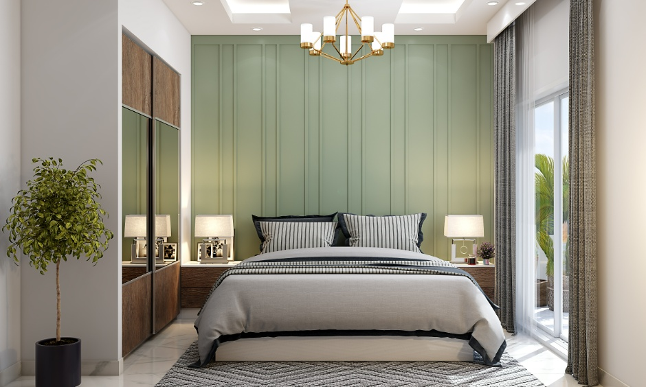 Modern bedroom with soft green accent wall with vertical panel detailing by a house painter in Dallas, TX