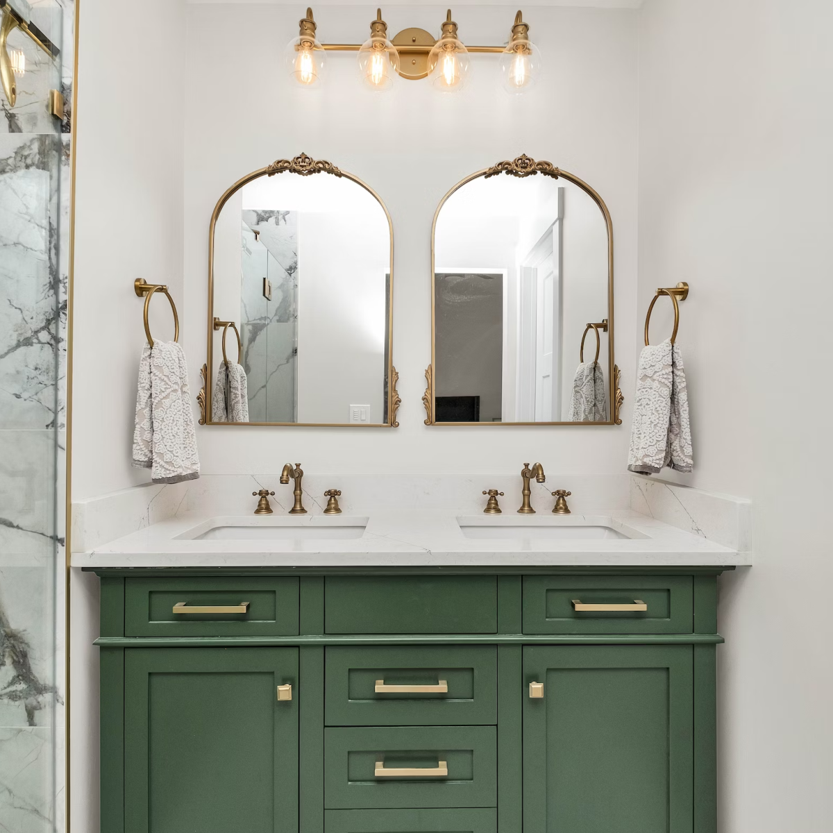 Bathroom featuring deep green painted cabinets with a smooth matte finish by a Cabinet Painter in Allen, TX