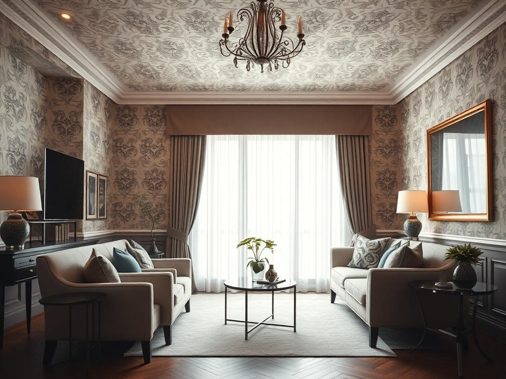 Living room with professionally installed patterned wallpaper on the walls and ceiling by a house painter in Richardson, TX.